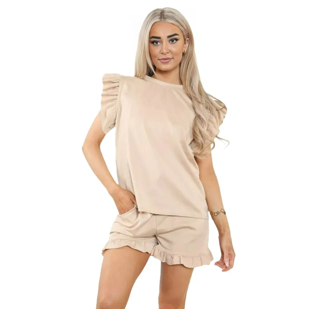 Women's Ribbed Frill Peplum Short and Top Set - Ladies Co-Ord 2 Pcs Summer Longwear Tracksuit UK Plus Size 8-22