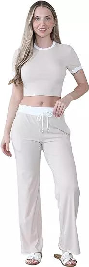 LUXEDIVA Cap Sleeve Crop Top White Stripe Contrast Pocket White Hem Draw String Trouser Set Tracksuit