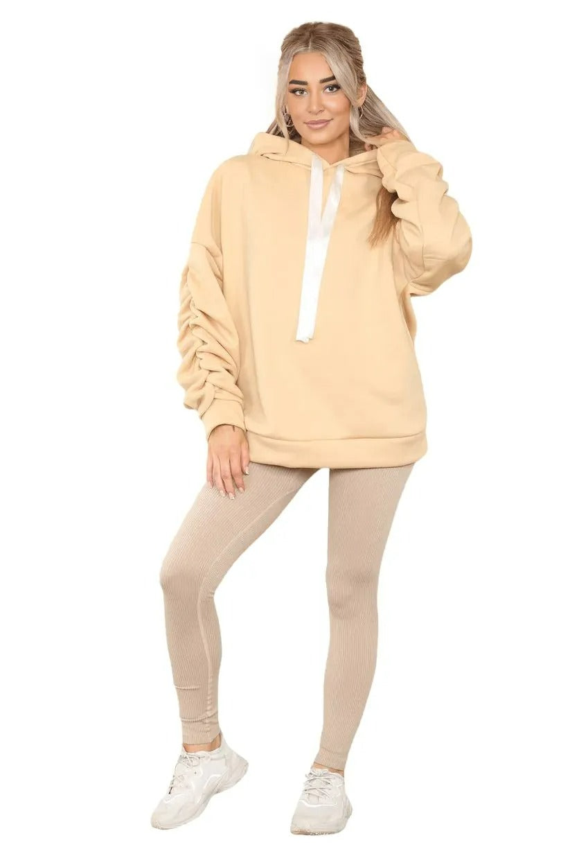 Womens Ladies Ruched Sleeve Fleece Hoodie Oversized Hooded Sweatshirt Jumper Top