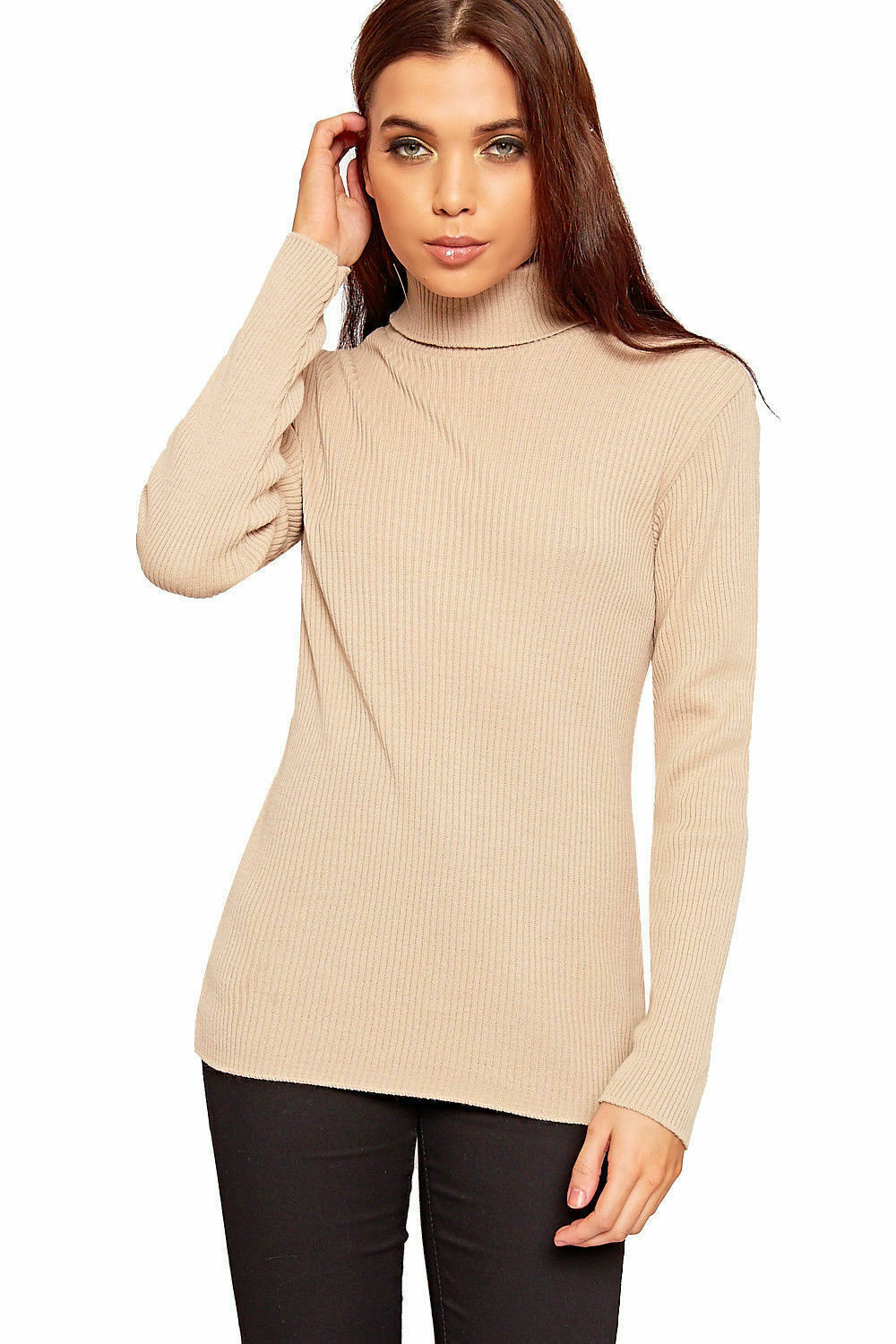 Plus Size Ladies High Polo Roll Neck Long Sleeve Ribbed Knitted Jumper Sweater