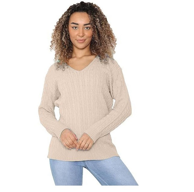 WOMEN'S LADIES CABLE KNITTED LONG SLEEVE CABLE JUMPER V NECK TOP WINTER SWEATER