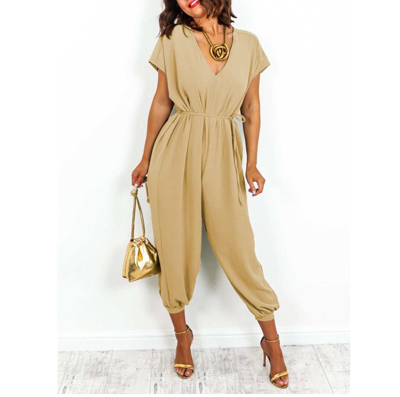 LUXE DIVA Womens V Neck Tie Belted Waist Parachute Wide Leg Jumpsuit Ladies Harem Playsuit