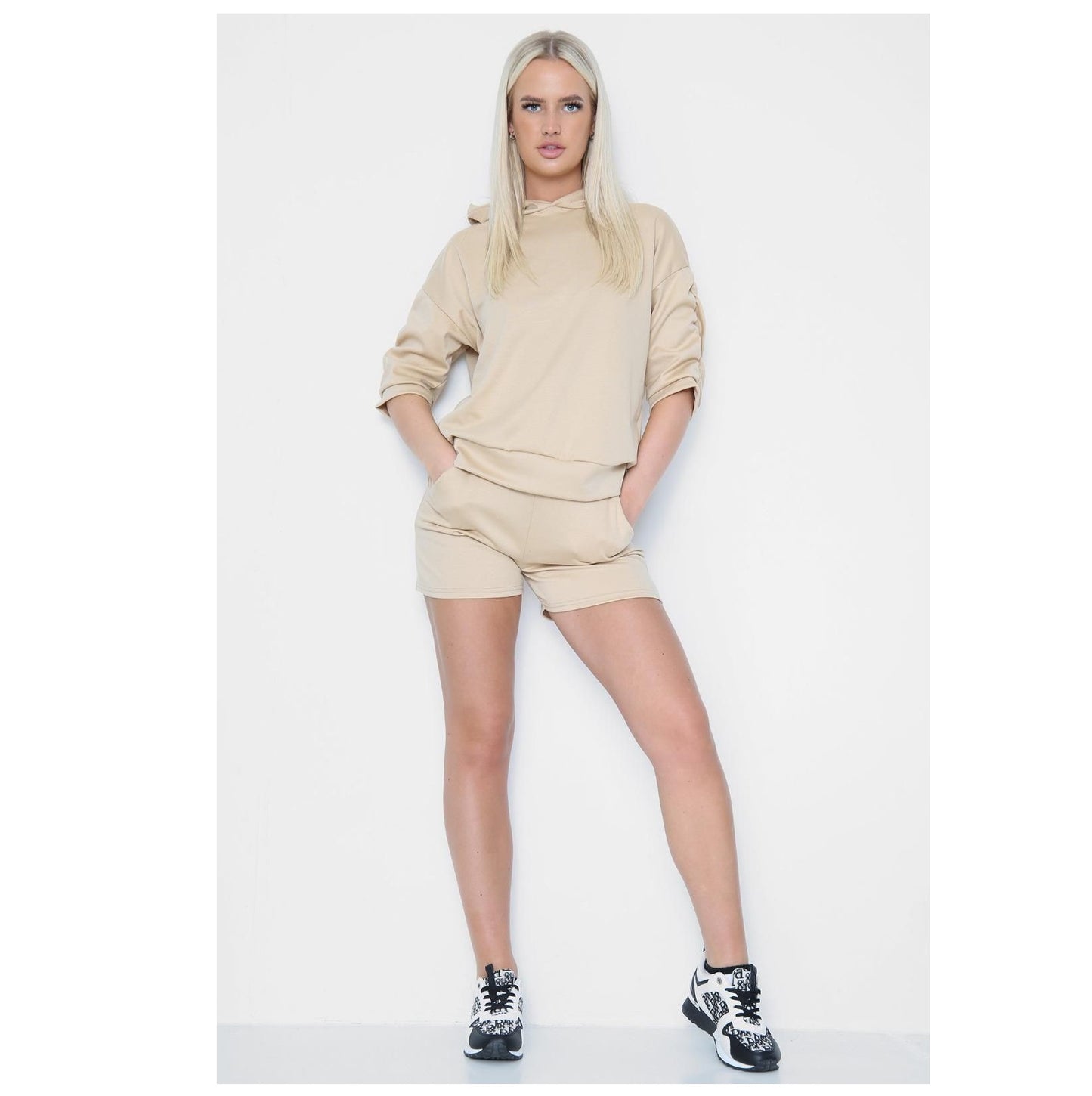 Womens Ruched Sleeve Hooded Top And Pocket Shorts Leisure Wear Co-Ord Set - Adult 2 PCS Summer Activewear Hoodie & Hotpants Loungewear Tracksuit UK Size 8-18