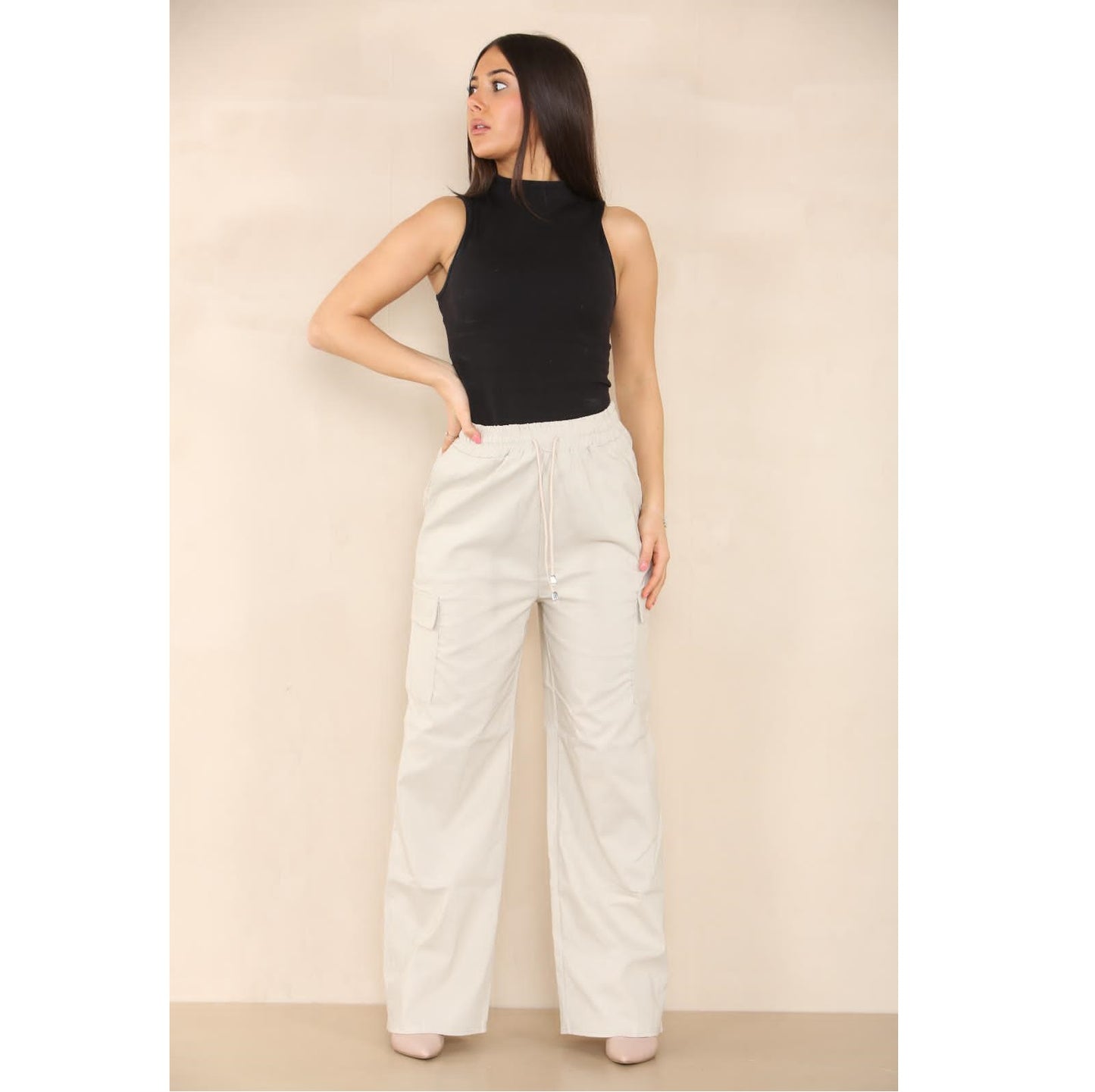 Ladies Combat Elastic Waist Band 4 Pocket Plain Wide Leg Plazzo Style Trouser