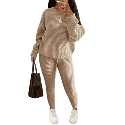 Women's Solid Drop Shoulder Sweater Set, 2024 New Drop Shoulder Rib-Knit Sweater & Pants Set