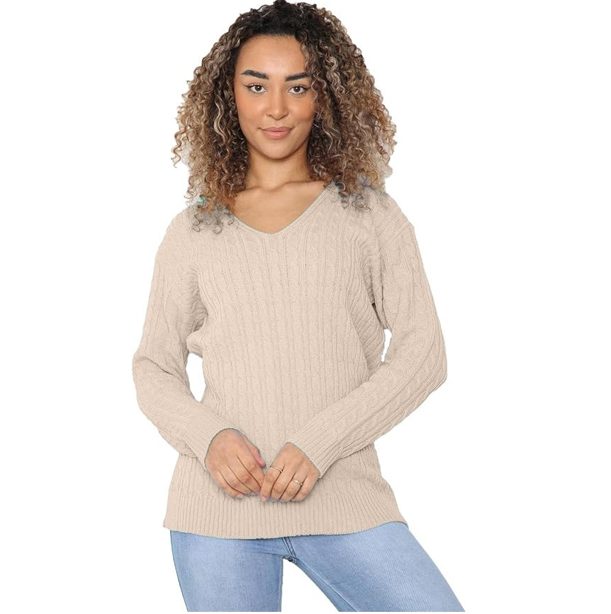 Ladies Long Sleeve V-Neck Knitted Cable Jumper