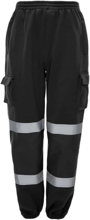 LUXE DIVA Hi Viz VIS Jogging Bottoms High Visibility Combat Cargo Thick Brush Fleece Trousers Reflective Tape Safety Work Wear Elasticated Waist Joggers Sweat Jog Tracksuit Pants Size S-5XL