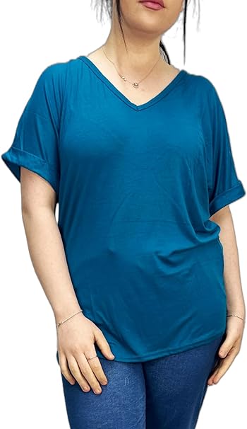 Women's New Plus Size Womens Short Turn Up Sleeve Baggy Plain Top Ladies V-Neck T-Shirt 8-14