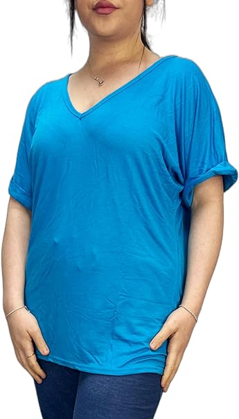 Women's New Plus Size Womens Short Turn Up Sleeve Baggy Plain Top Ladies V-Neck T-Shirt 8-14