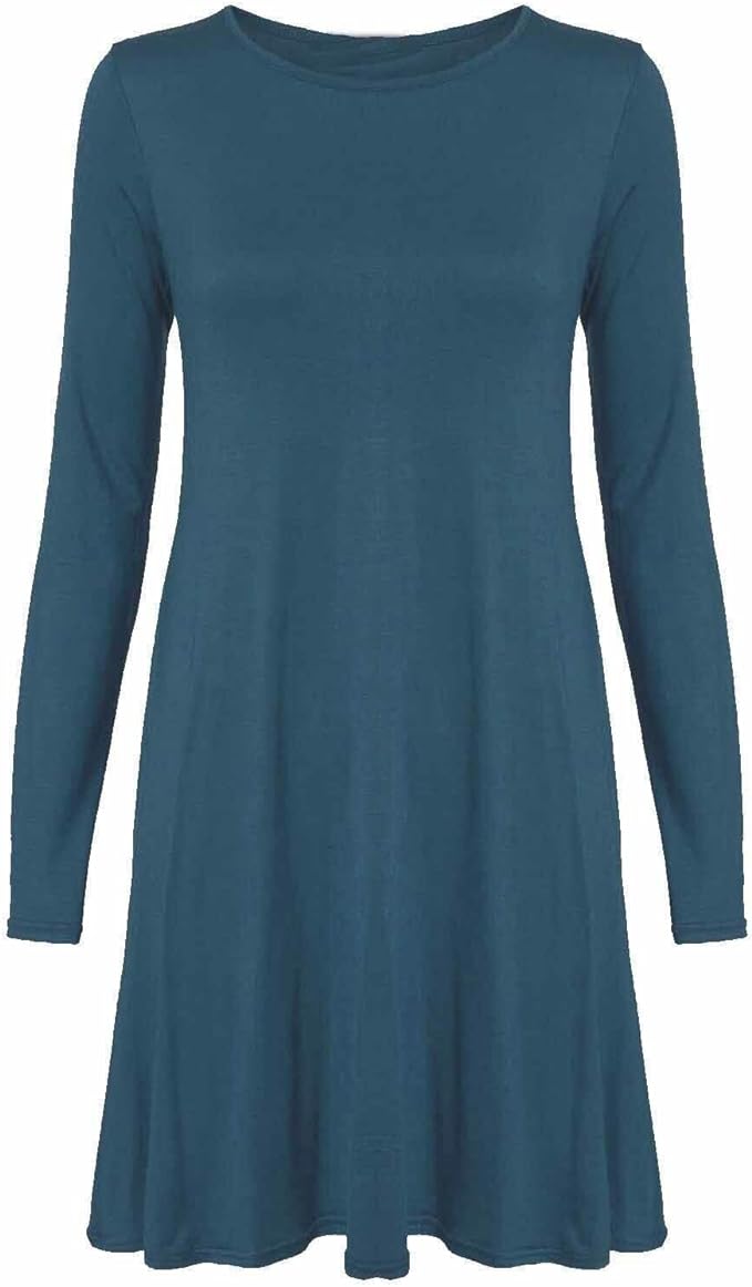 Womens Plain Long Sleeve Stretch A Line Skater Flared Swing Dress Top