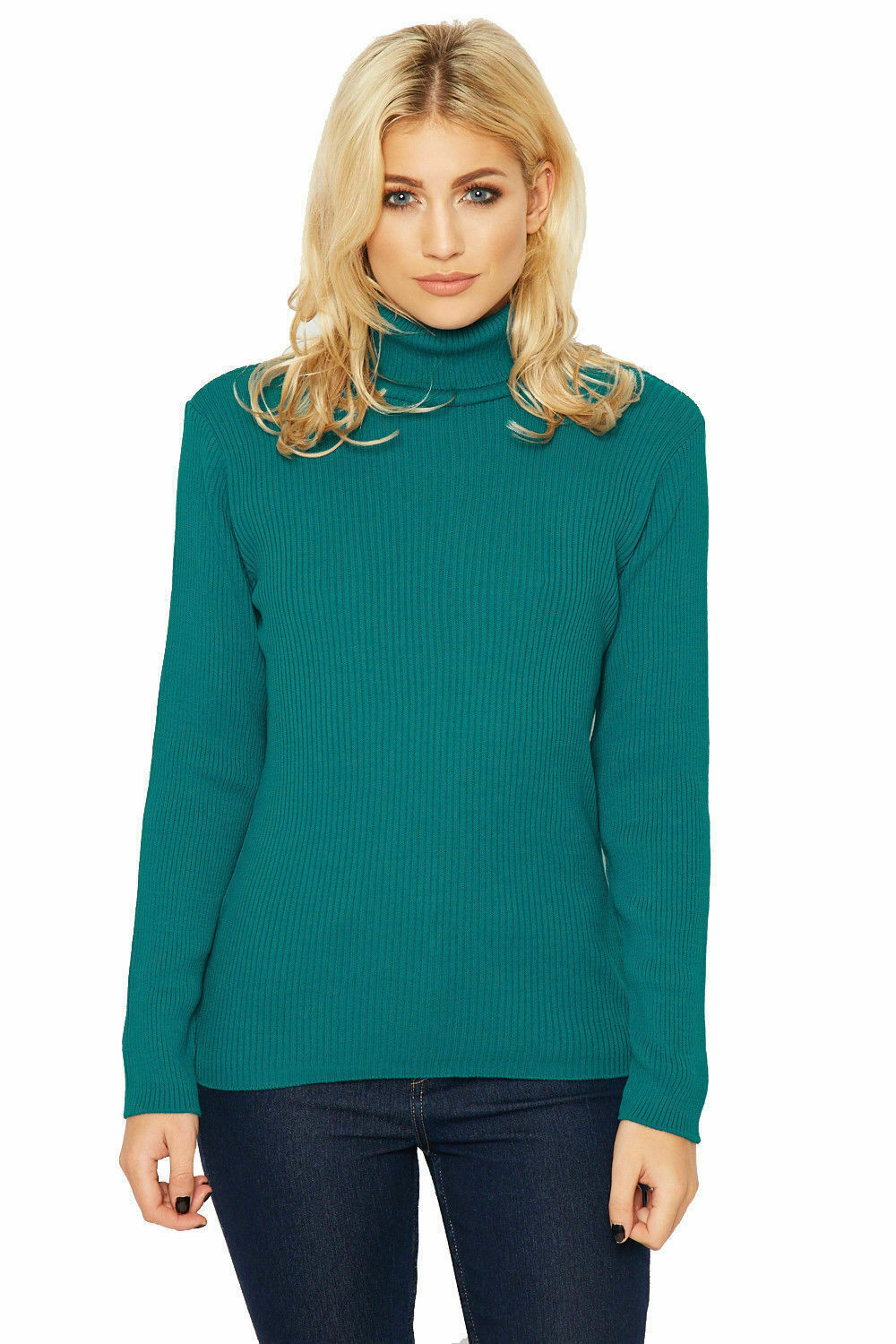 Plus Size Ladies High Polo Roll Neck Long Sleeve Ribbed Knitted Jumper Sweater