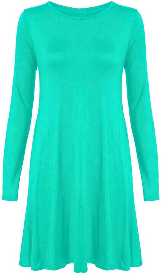 Womens Plain Long Sleeve Stretch A Line Skater Flared Swing Dress Top