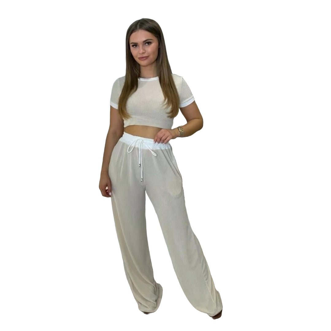 LUXEDIVA Cap Sleeve Crop Top White Stripe Contrast Pocket White Hem Draw String Trouser Set Tracksuit