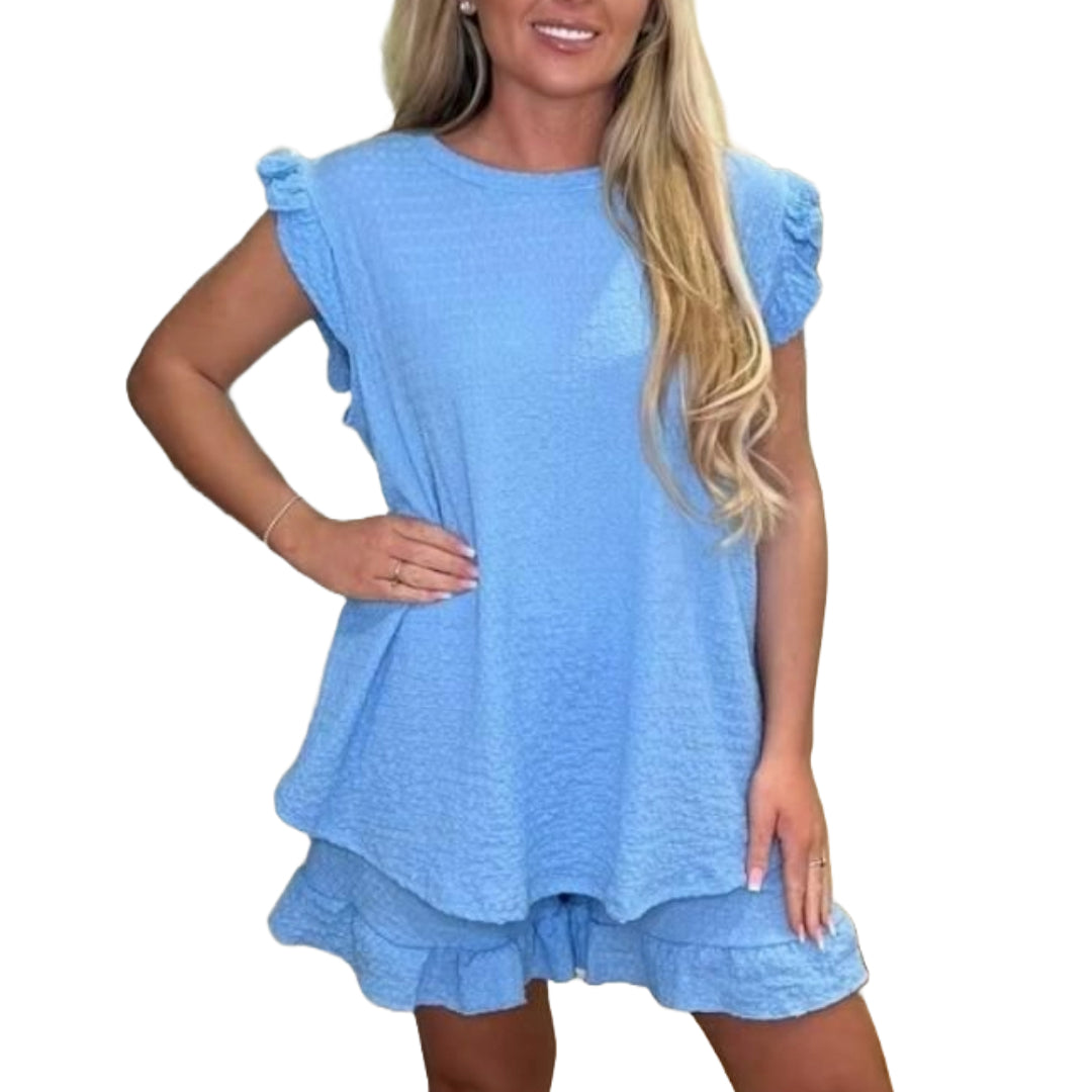 Ladies Pop Corn Fabric Frill Sleeve Top Shorts 2PCS Co Ord Set Loungwear