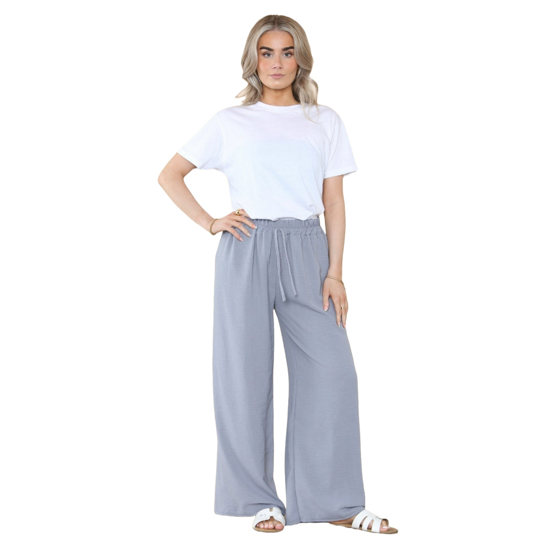 Ladies Wide Leg Drawstring Palazzo Bottom Trouser Pant Elasticated Waist