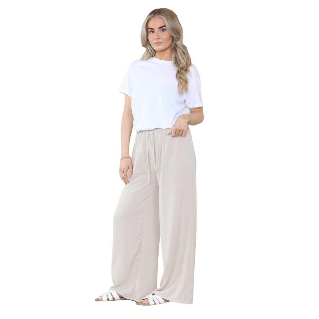 Ladies Wide Leg Drawstring Palazzo Bottom Trouser Pant Elasticated Waist