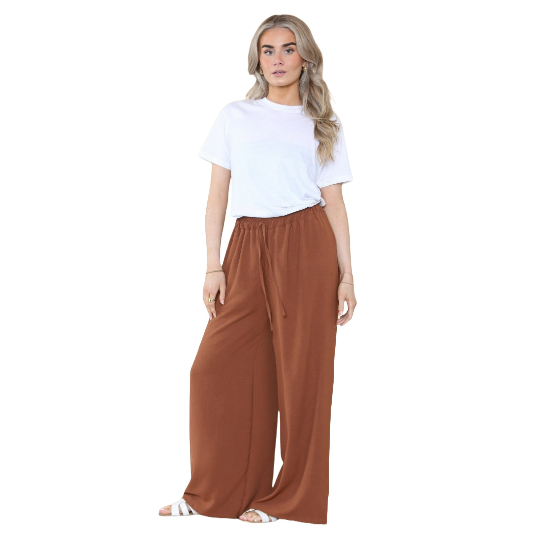 Ladies Wide Leg Drawstring Palazzo Bottom Trouser Pant Elasticated Waist