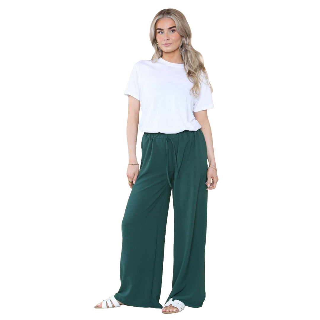 Ladies Wide Leg Drawstring Palazzo Bottom Trouser Pant Elasticated Waist