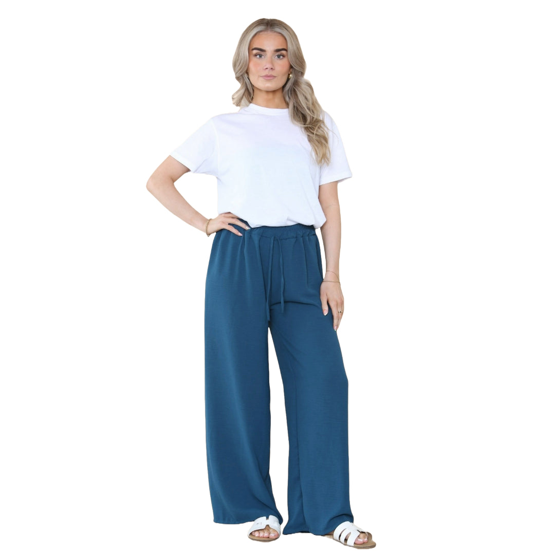 Ladies Wide Leg Drawstring Palazzo Bottom Trouser Pant Elasticated Waist