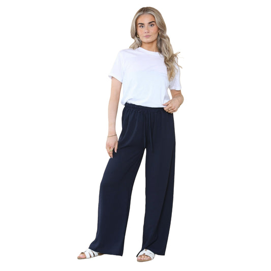 Ladies Wide Leg Drawstring Palazzo Bottom Trouser Pant Elasticated Waist