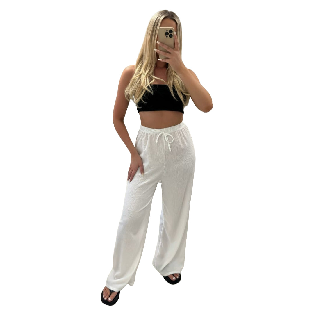 Ladies Wide Leg Drawstring Palazzo Bottom Trouser Pant Elasticated Waist