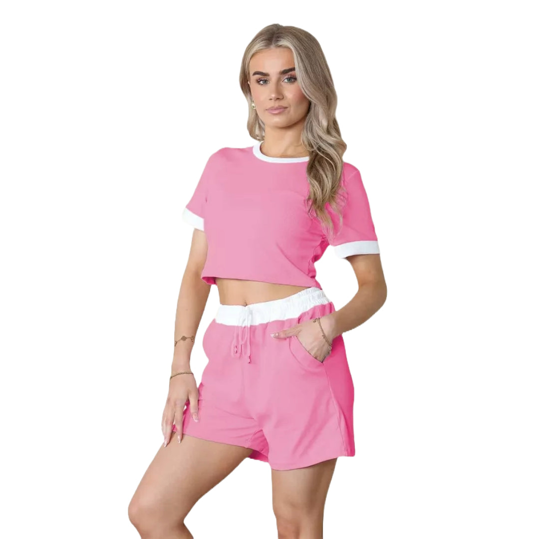 Women Contrast Ribbed Short Sleeve Top Shorts Set Ladies Two Piece Summer Co-ord