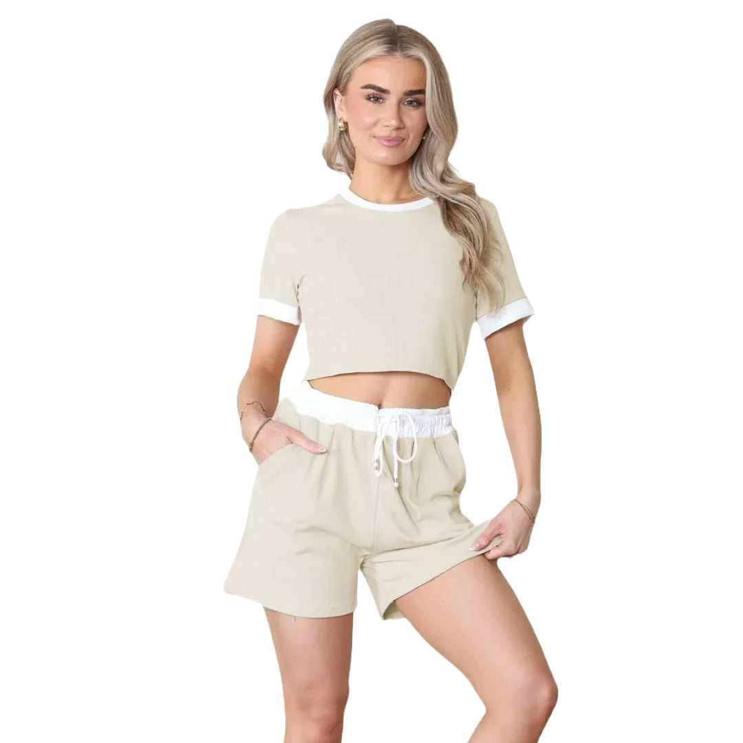 Women Contrast Ribbed Short Sleeve Top Shorts Set Ladies Two Piece Summer Co-ord