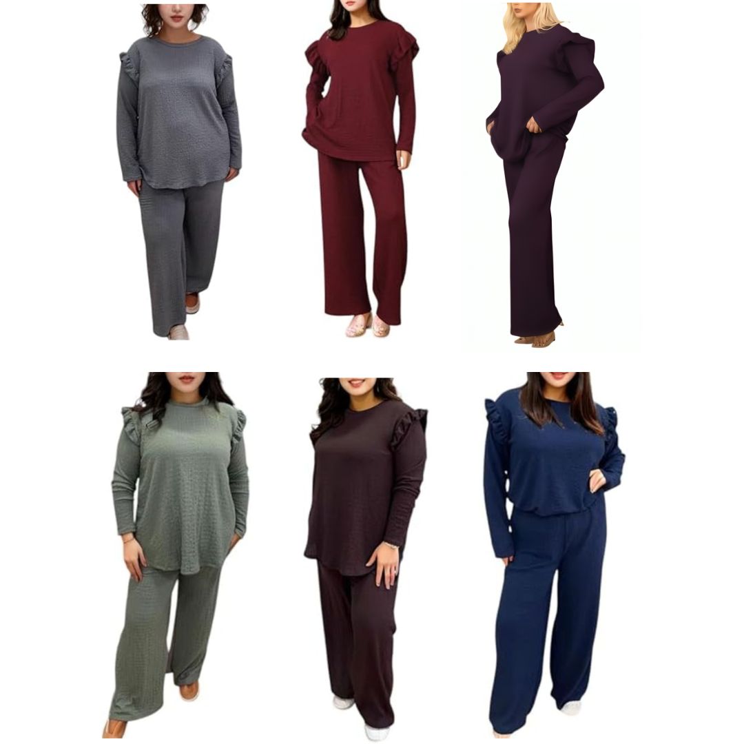 LUXE DIVA Ladies Frill arm Long Sleeve 2pcs Women's Wide Flared Leggings Trouser Loungewear Suit