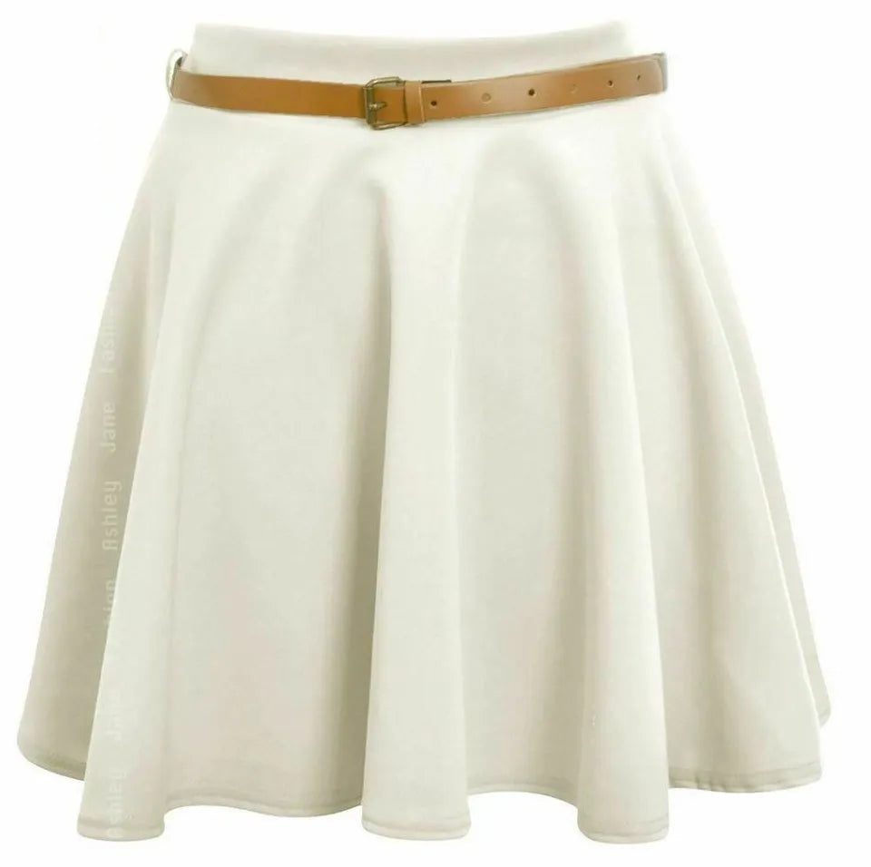 LUXE DIVA Womens Belted Flared Mini Swing Skirt Short Skater Party Plain Ladies UK 8-22