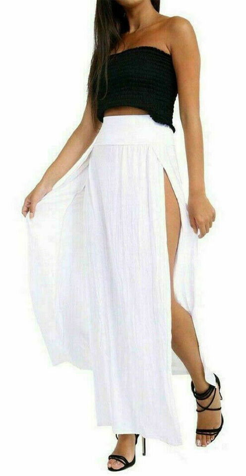 Womens Long Double Split High Waist Ladies Plain Jersey Stretch Two Side Slit Maxi Skirt