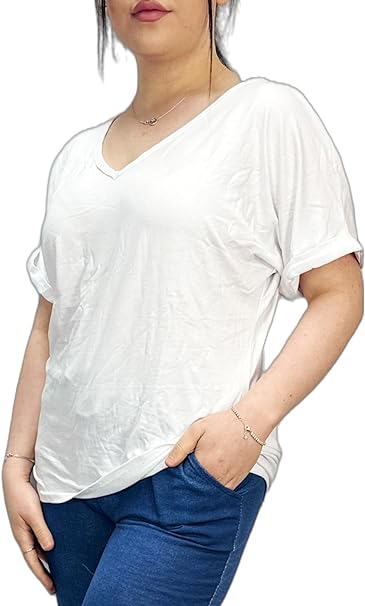 Women's New Plus Size Womens Short Turn Up Sleeve Baggy Plain Top Ladies V-Neck T-Shirt 8-14