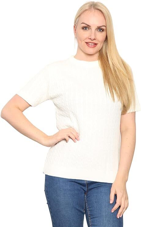 Womens Cable Knitted Jumper Short Sleeve Crew Neck Soft Smooth Warm Pullover Top