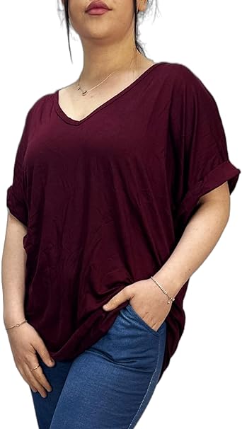 Women's New Plus Size Womens Short Turn Up Sleeve Baggy Plain Top Ladies V-Neck T-Shirt 8-14