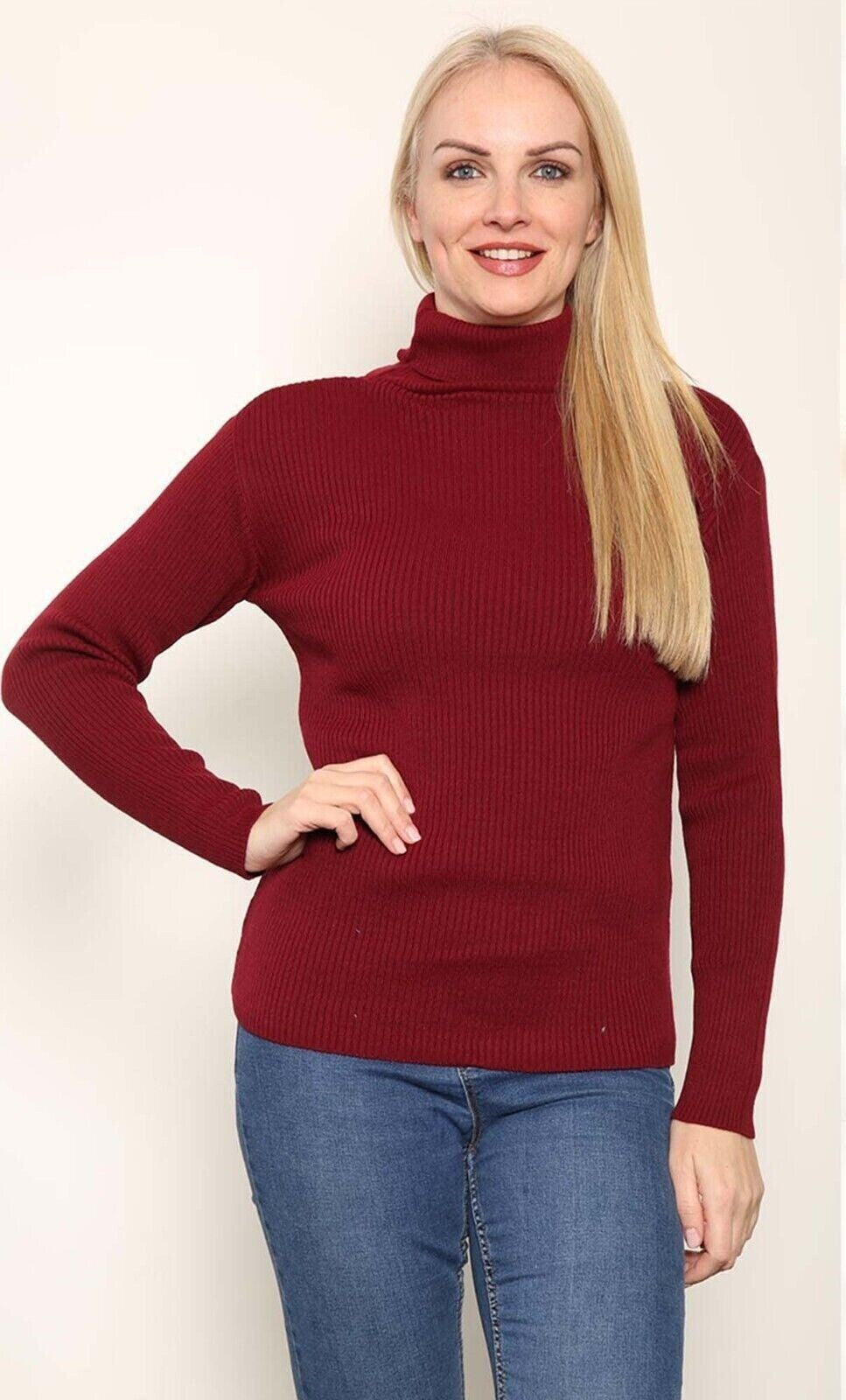 Ladies High Roll Neck Fine Jumper Sweater Long Sleeve Polo Ribbed Top