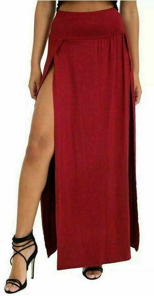 Womens Long Double Split High Waist Ladies Plain Jersey Stretch Two Side Slit Maxi Skirt