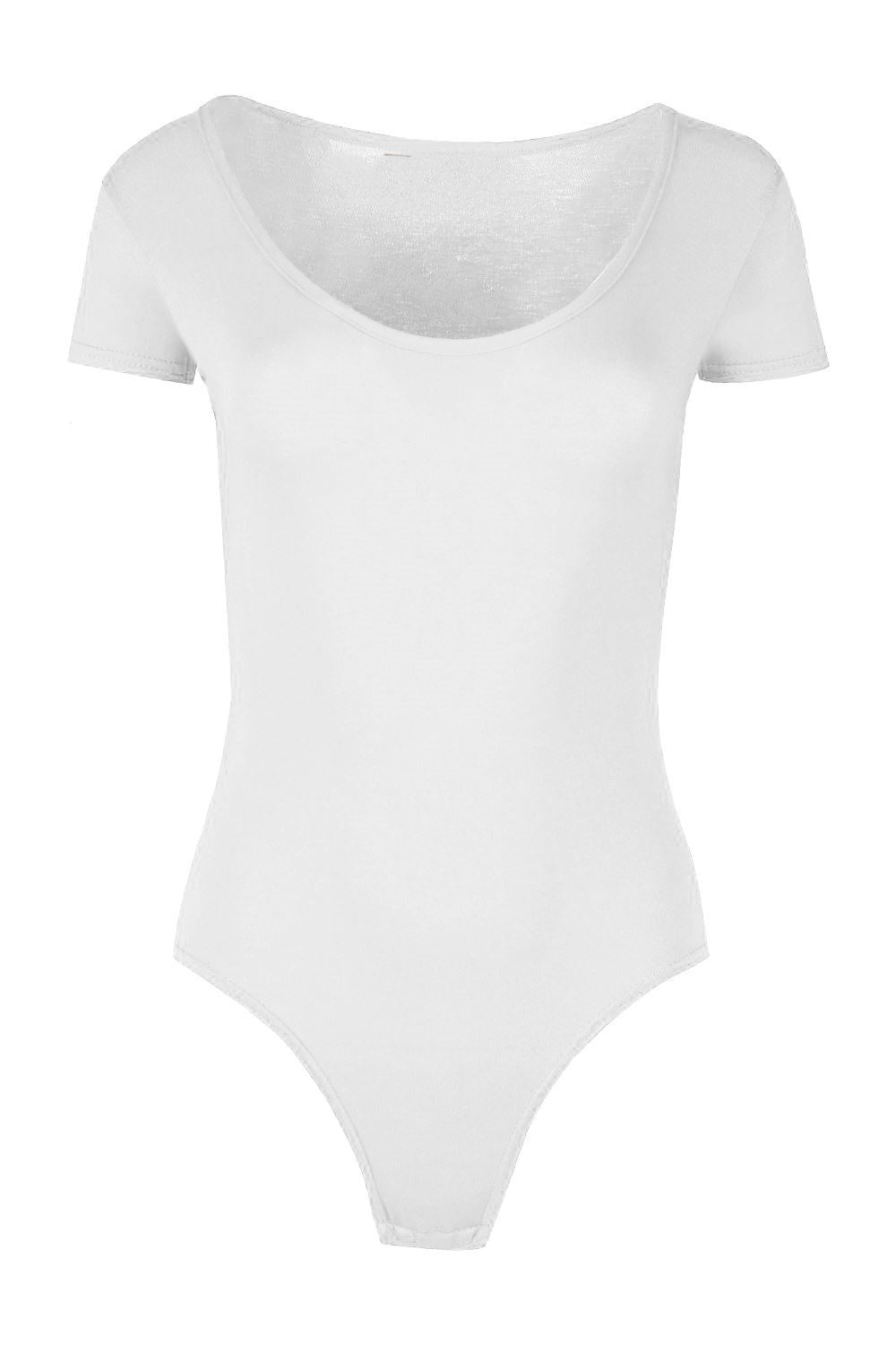 Womens Ladies New Cap Short Sleeve Plain Round Neck Stretch Leotard Bodysuit T-Shirt Plunge Top