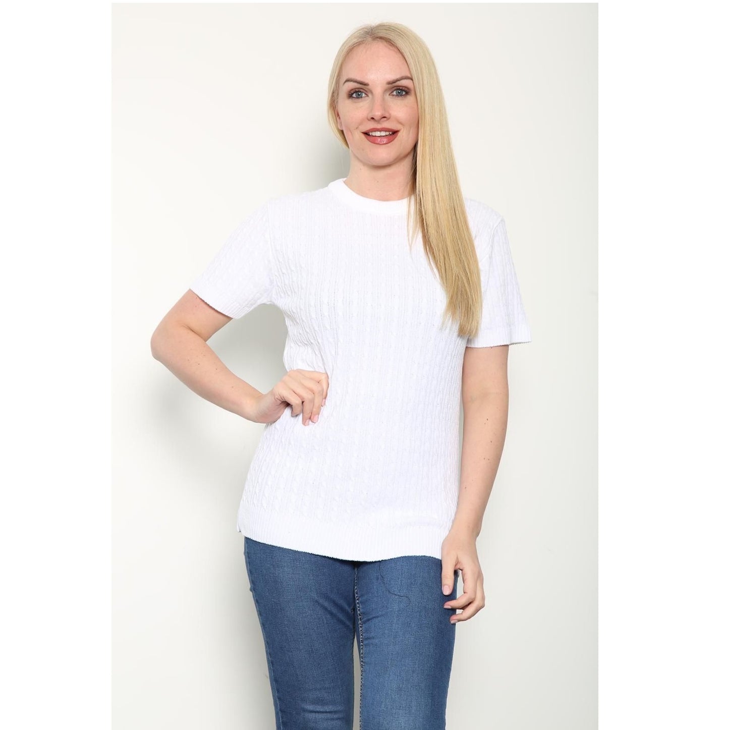 Ladies Knitted Short Sleeve Top Soft Knit Sweater Crew Neck Short Sleeve Jumper