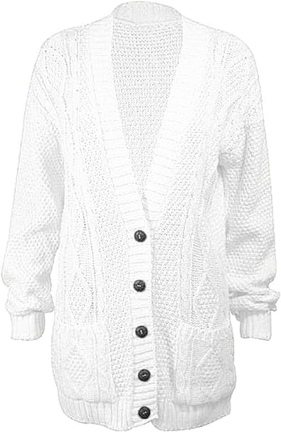 New Womens Everyday Long Sleeve Button Top Ladies Chunky Aran Cable Knit Grandad Cardigan UK Size 8-14