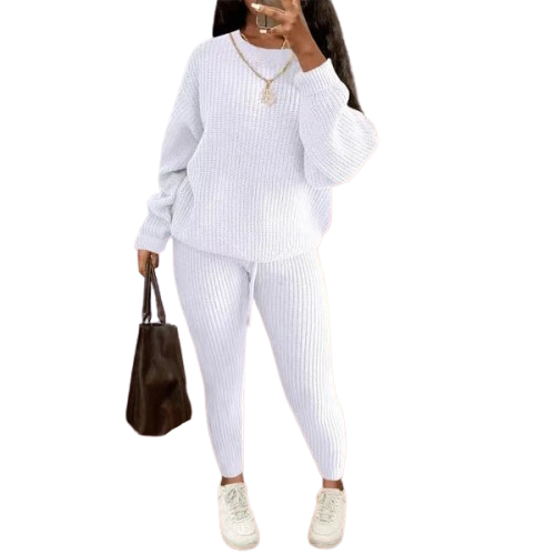 Women's Solid Drop Shoulder Sweater Set, 2024 New Drop Shoulder Rib-Knit Sweater & Pants Set