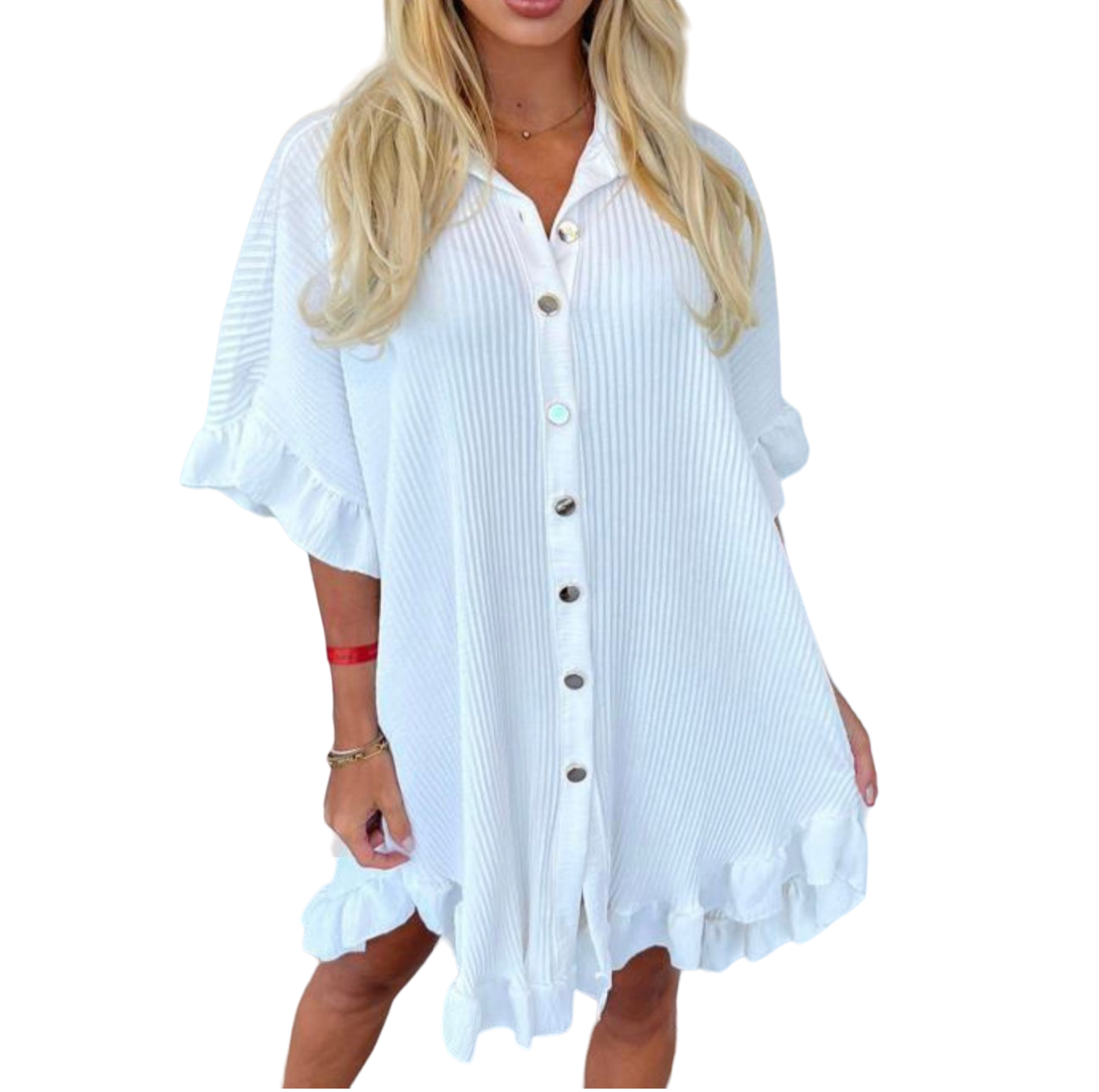 LUXE DIVA Women's Ladies Gold Button Pleated Frill Summer Shirt Swing Smock Mini Dress Top