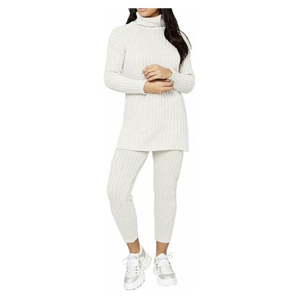 LUXE DIVA Ladies Chunky Knitted Ribbed Polo High Neck Top Set Womens Leggings Loungewear Joggers Tracksuit0