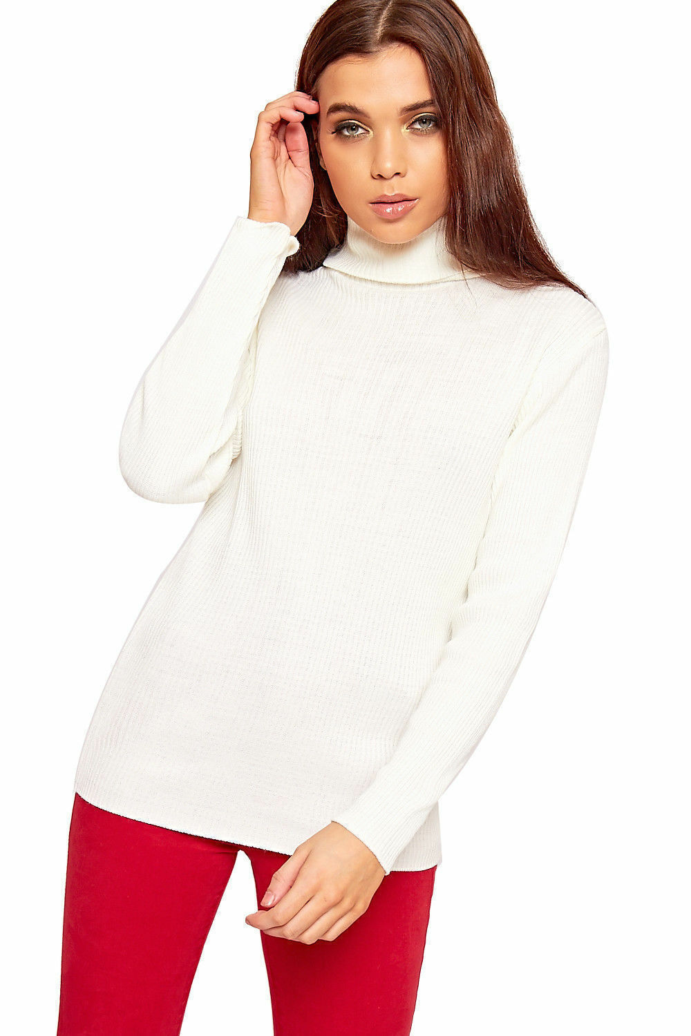 Plus Size Ladies High Polo Roll Neck Long Sleeve Ribbed Knitted Jumper Sweater