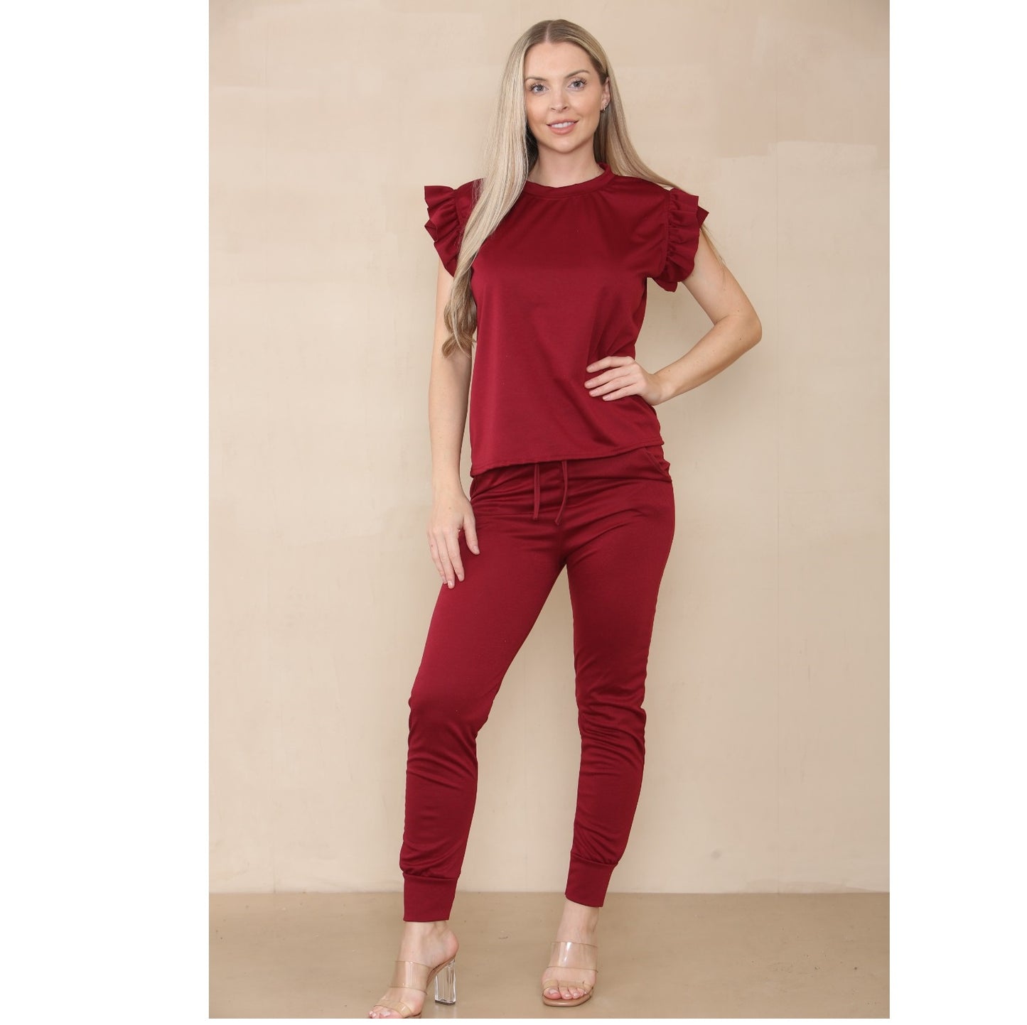 LUXE DIVA Womens Tracksuit Frill Peplum Sleeve Boxy Top Bottom Ladies Lounge Wear Set