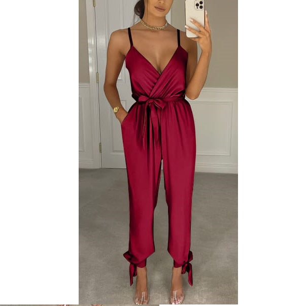 LUXE DIVA Women's V Neck Wrap Over Ankle Tie Waist Jumpsuit Ladies Harem Wide Leg Playsuit