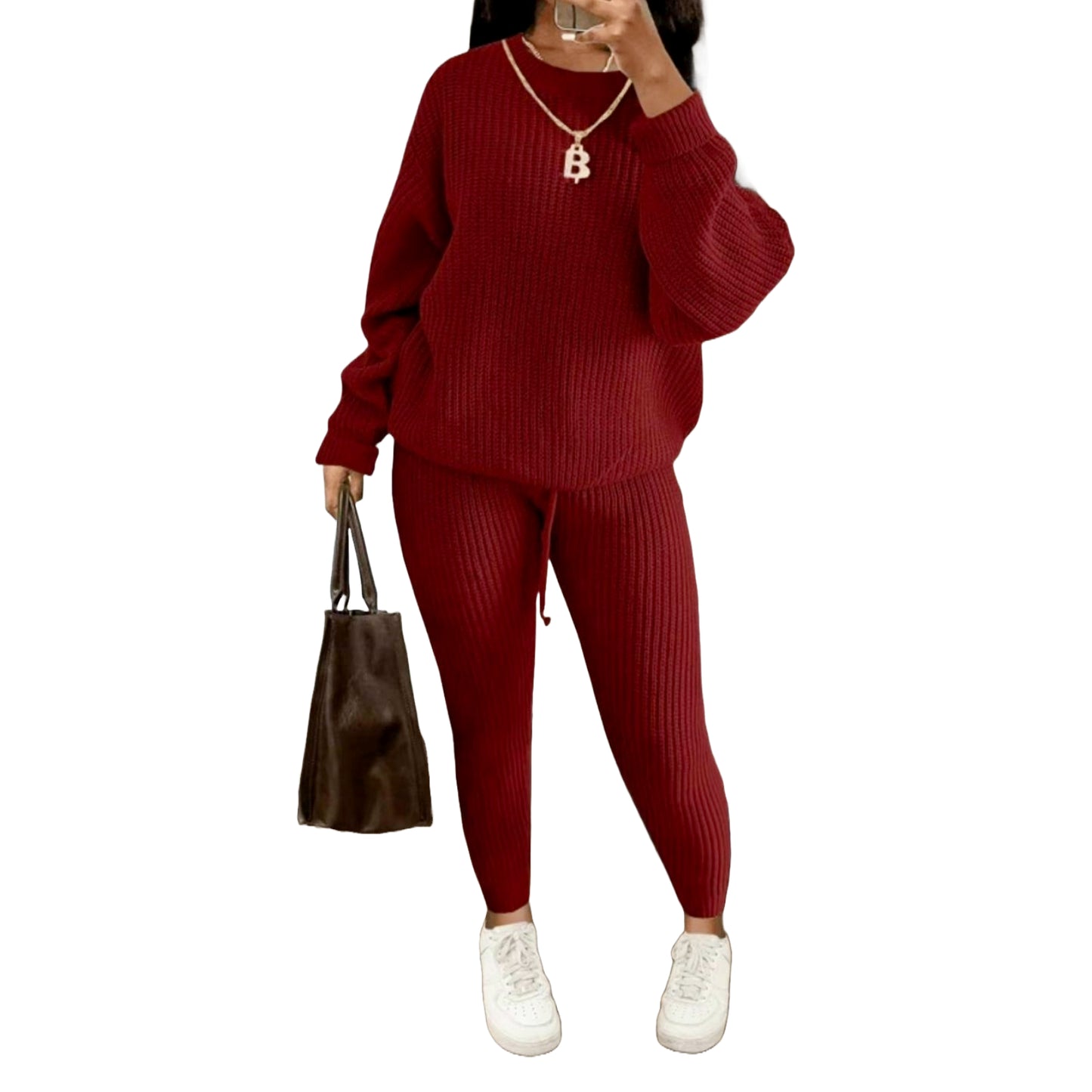 Women's Solid Drop Shoulder Sweater Set, 2024 New Drop Shoulder Rib-Knit Sweater & Pants Set