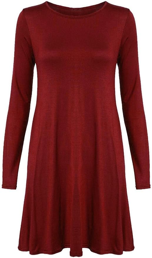 Womens Plain Long Sleeve Stretch A Line Skater Flared Swing Dress Top