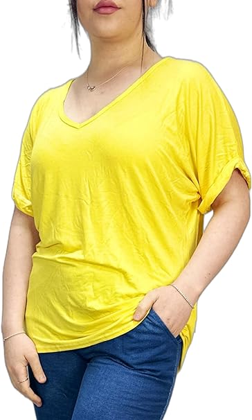 Women's New Plus Size Womens Short Turn Up Sleeve Baggy Plain Top Ladies V-Neck T-Shirt 8-14