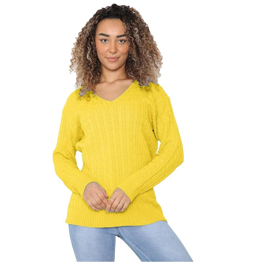 Ladies Long Sleeve V-Neck Knitted Cable Jumper