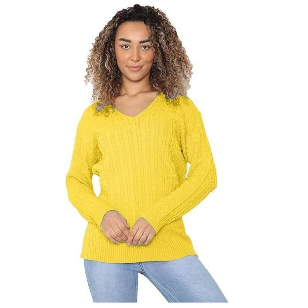 WOMEN'S LADIES CABLE KNITTED LONG SLEEVE CABLE JUMPER V NECK TOP WINTER SWEATER