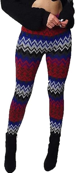 Womens Knitted Tartan Leggings Ladies Soft Warm Wool Christmas Retro Legging